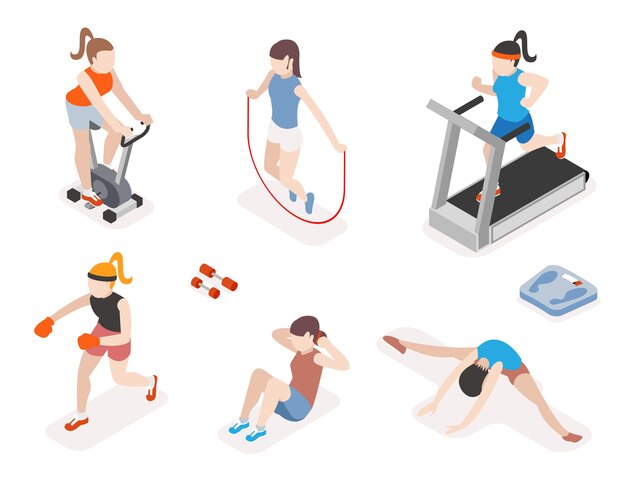 Fitness women in gym, gymnastics workout and yoga exercises. 3d isometric icons. Sport people, health and jumping rope, 