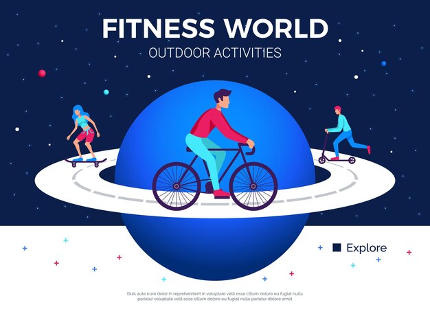 Illustrazione di attività fisiche all'aperto del mondo di forma fisica con la gente che pattina in bicicletta sulla strada dell'equatore del pianeta