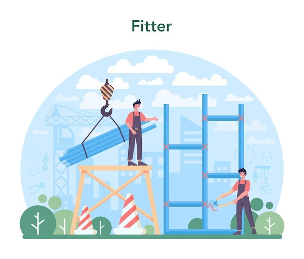 Vettore gratuito installatore o installatore costruttore industriale in cantiere lavoratori professionisti che costruiscono casa con strumenti e materiali sviluppo della città illustrazione vettoriale piatta isolata