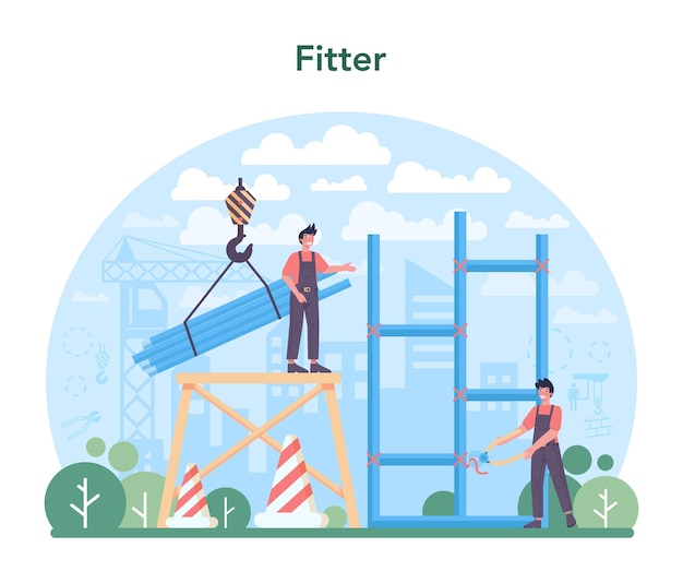 Fitter or installer Industrial builder at the construction site Professional workers constructing home with tools and materials City development Isolated flat vector illustration