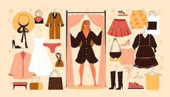 Free vector fitting room big set with young pretty woman in fitting room and kit of clothes and accessories flat vector illustration