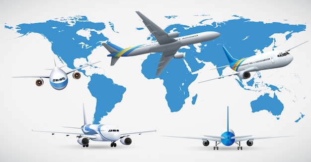 5つの飛行機と青い地図