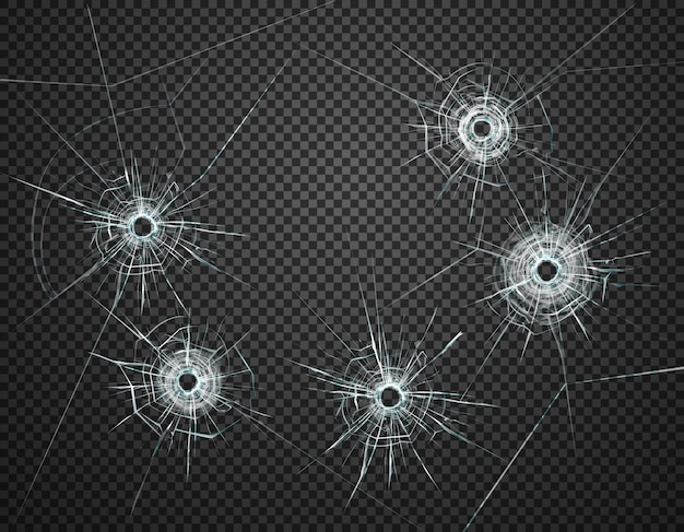 Пять пулевых отверстий в стекле крупным планом реалистичное изображение на темном прозрачном фоне иллюстрации