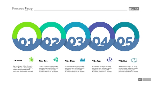 Five circle flowchart with description slide template. business data. graph, diagram