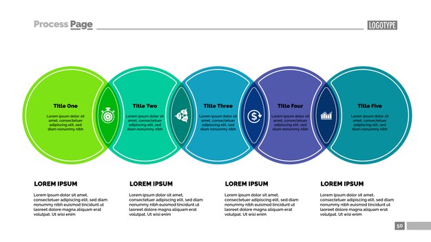 다섯 원 프로세스 차트 템플릿입니다. 비즈니스 데이터.