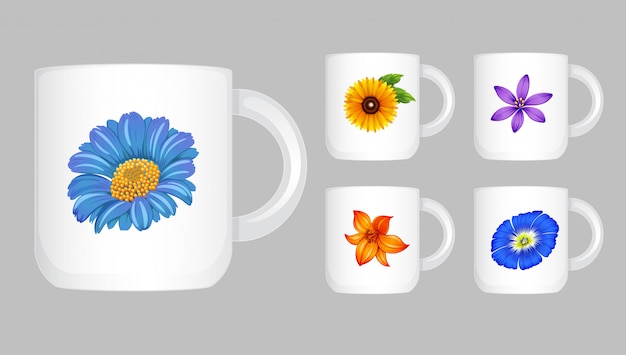Vettore gratuito cinque tazze da caffè con grafica floreale