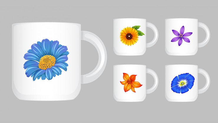 Free Vector five coffee cups with flower graphic