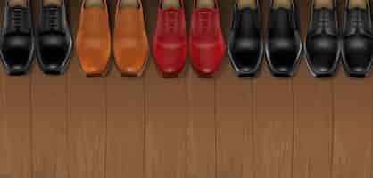 Бесплатное векторное изображение Пять цветных пар мужской кожаной обуви выстроились в ряд на деревянном полу реалистичная фоновая векторная иллюстрация