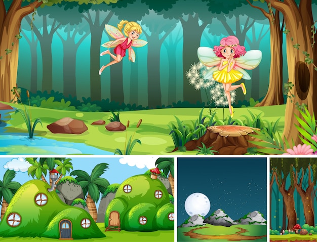 Free vector five different scene of fantasy world with beautiful fairies in the fairy tale and antnest