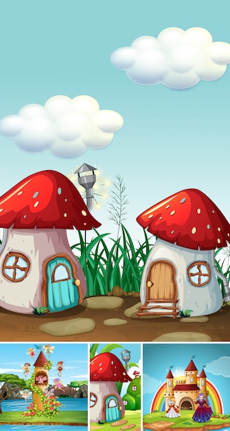 Five different scene of fantasy world with mushroom house