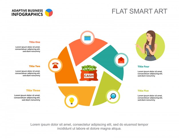 프리젠 테이션을위한 다섯 가지 요소 프로세스 차트 템플릿. 비즈니스 데이터 시각화.