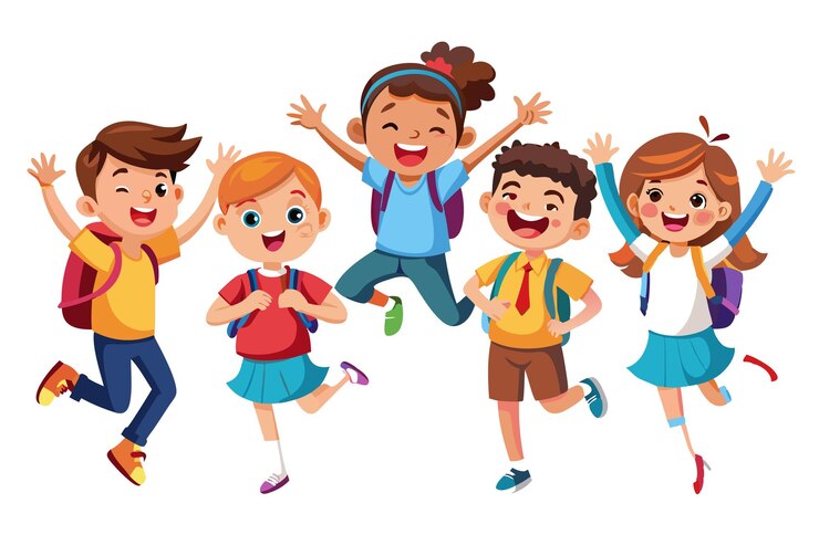 Five happy children with backpacks jumping for joy