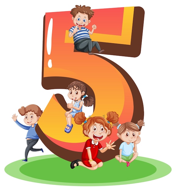 Five kids with number five cartoon