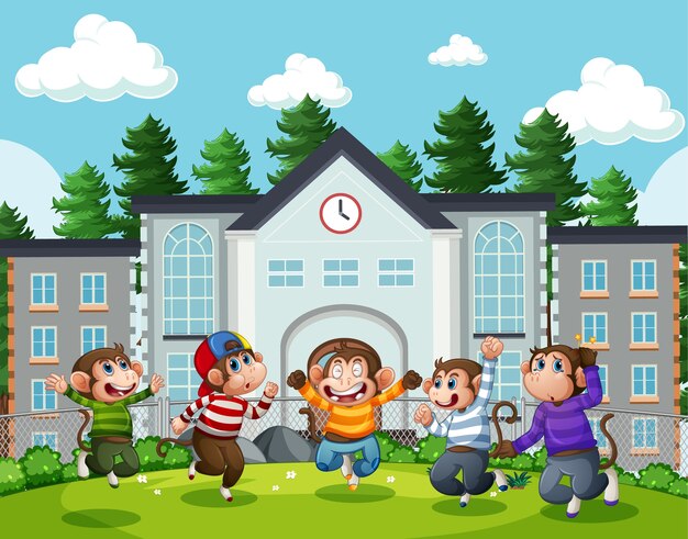 Free Vector five little monkeys jumping in the park playground scene