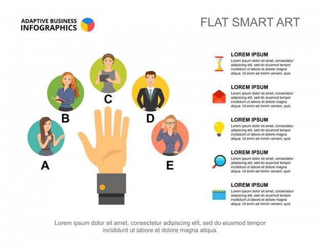 Five managers company process chart template. Business data.