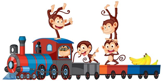 免费矢量五个猴子骑在火车上