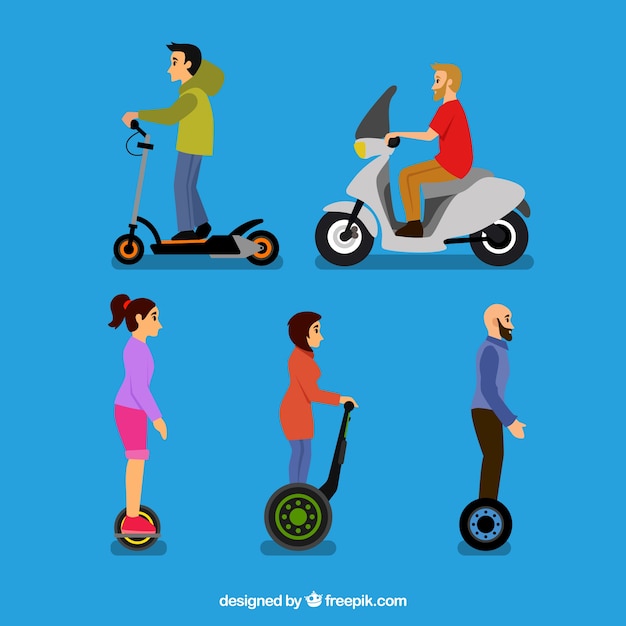 Бесплатное векторное изображение Пять человек на электрических скутерах