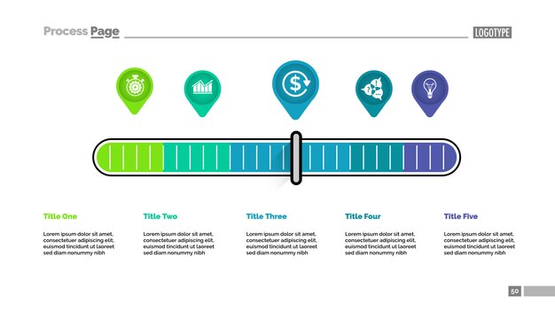 프리젠 테이션을위한 5 개의 포인터 스케일 은유 프로세스 차트 템플릿.
