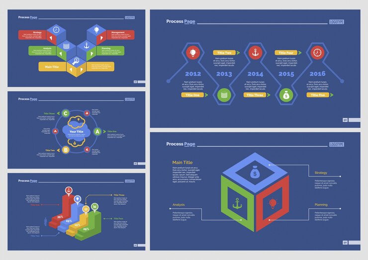 Free Vector five production slide templates set