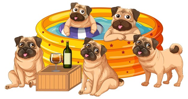 Free vector five pugs playing in the pool