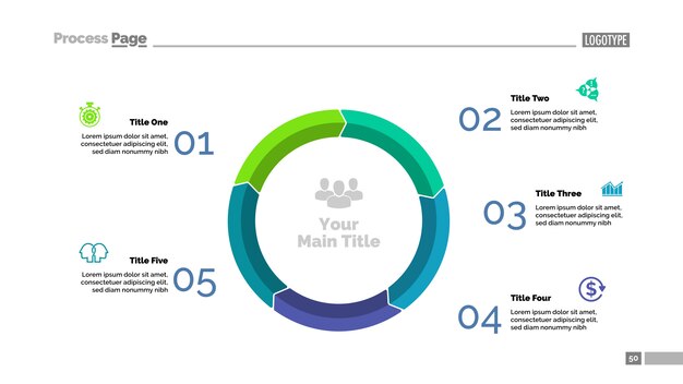 5つのステップサイクル図スライドテンプレート。ビジネスデータ。グラフ、チャート