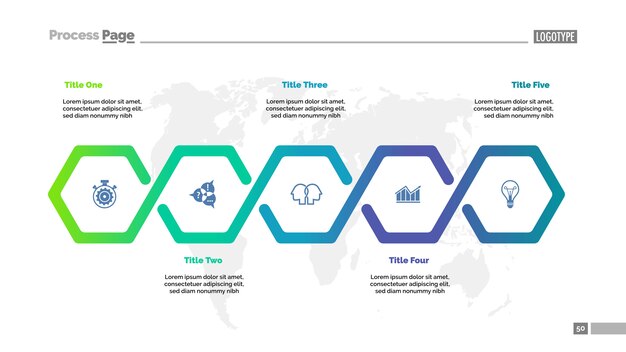 5つのステップのワークフロープロセスチャートテンプレート。ビジネスデータの視覚化。