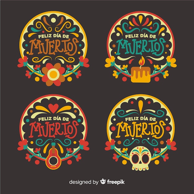 Free vector flad design día de muertos badge collection