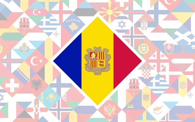 Фон флага европейских стран с большим флагом андорры в центре футбольных соревнований.