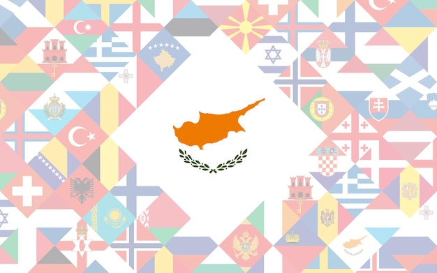 축구 대회 중앙에 키프로스의 큰 깃발이 있는 유럽 국가의 깃발 배경. 프리미엄 벡터
