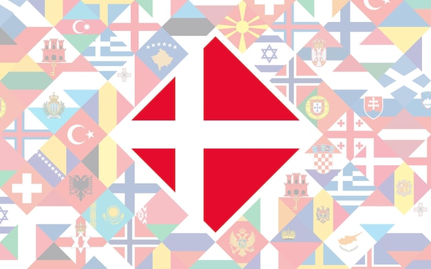 축구 대회를 위한 중앙에 덴마크의 큰 깃발이 있는 유럽 국가의 깃발 배경. 프리미엄 벡터