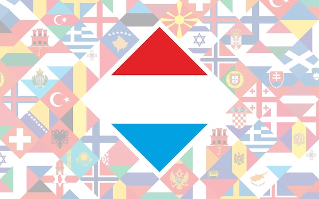 축구 대회의 중심에 룩셈부르크의 큰 깃발이 있는 유럽 국가의 깃발 배경. 프리미엄 벡터