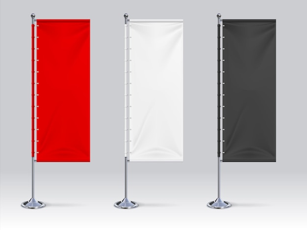 깃발 배너 모형. 현실적인 빈 매달려 광고 천, 흰색 빨간색과 검은색 패브릭 야외 전시 스탠드. 브랜딩, 로고 및 기호 벡터 디자인 템플릿 집합을 위한 컬렉션 3d 배너