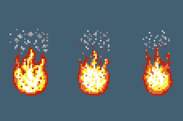 Free vector flame with smoke animation frames in pixel art style.