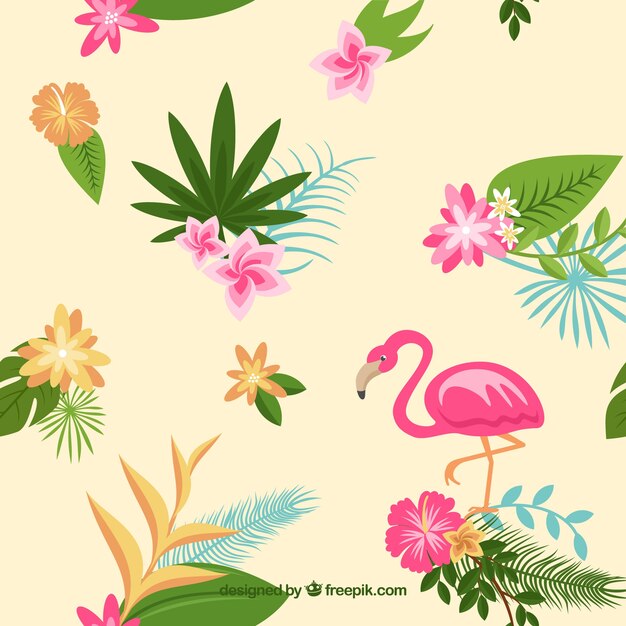 Flamenco background with leaves and tropical flowers