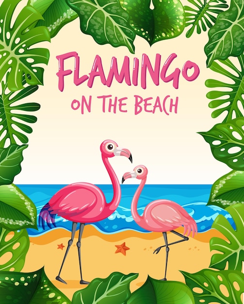 Фламинго на пляже баннер с множеством тропических листьев