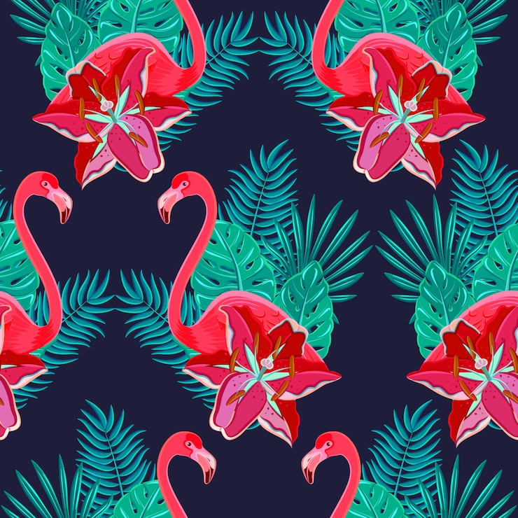 Free Vector flamingo birds and tropical hibiscus bright flowers tropical foliage 