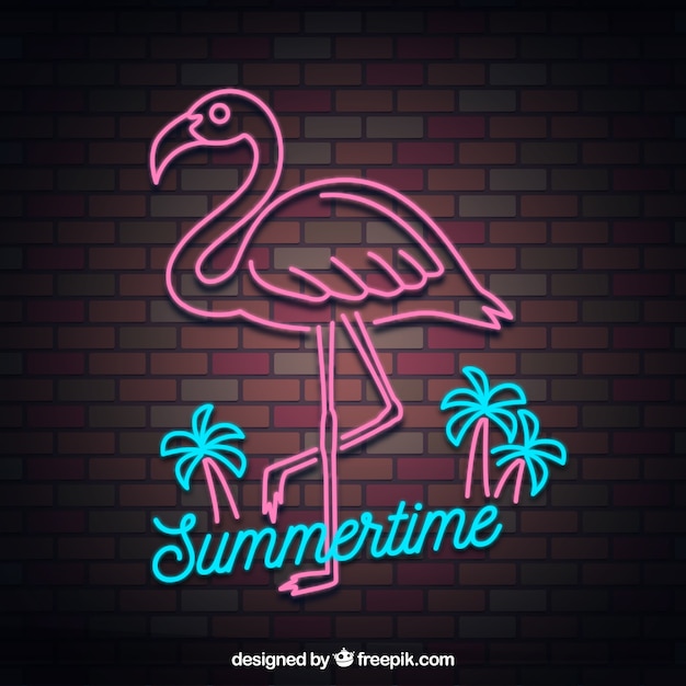 Vettore gratuito lampada al neon flamingo con elementi da spiaggia