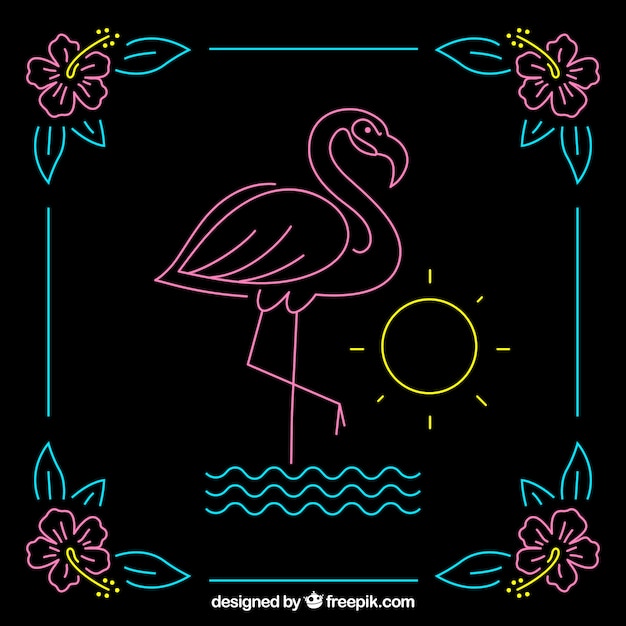 Free vector flamingo neon lamp with beach elements