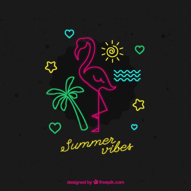 Free vector flamingo neon with beach elements