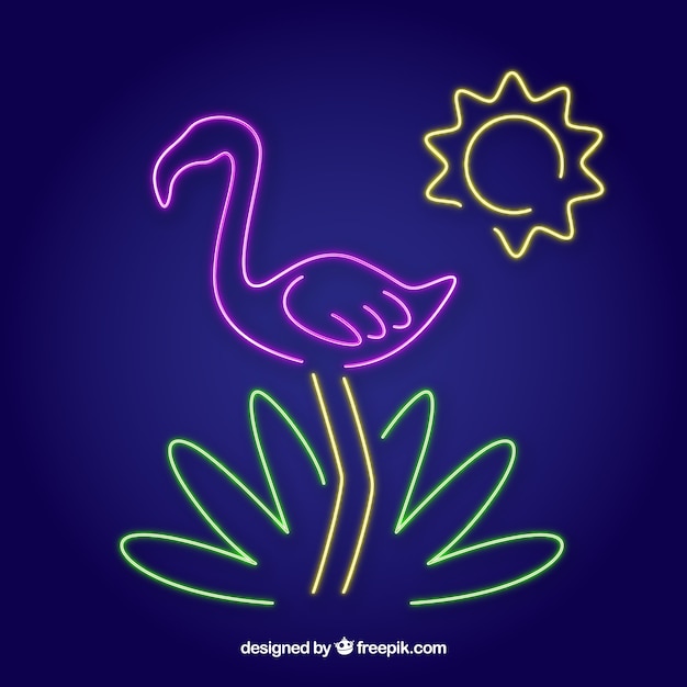 Free vector flamingo neon with beach elements
