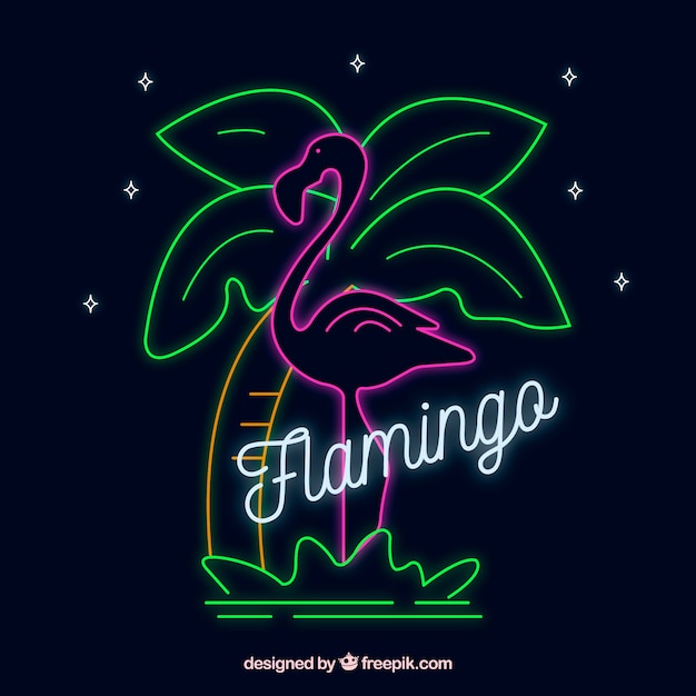 Vettore gratuito flamingo neon con palma