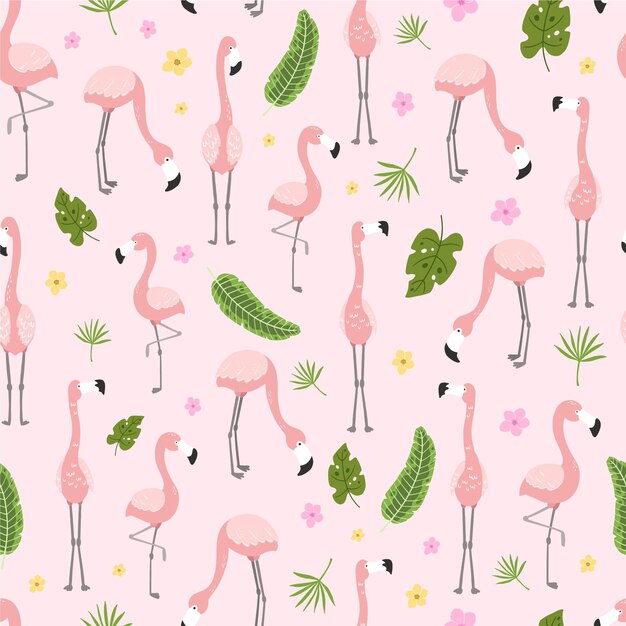 Flamingo pattern with different tropical leaves