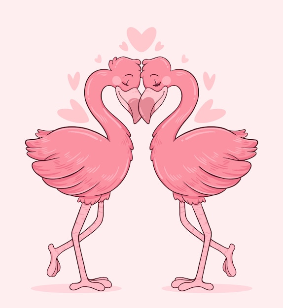 Flamingoes couple in love with their heads touching