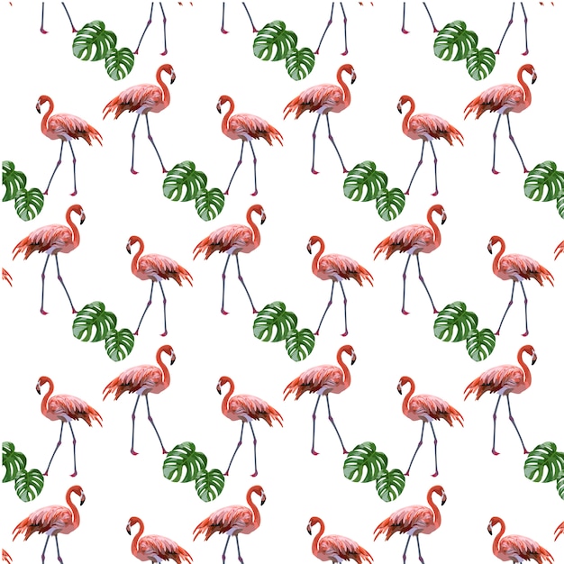 Flamingos and leaves pattern background