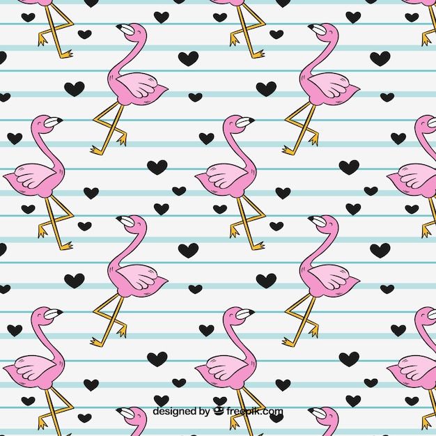 Free vector flamingos pattern with hearts in hand drawn style