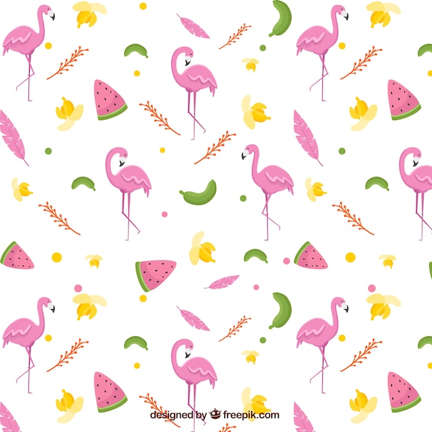 Flamingos pattern with plants and fruits in hand drawn style