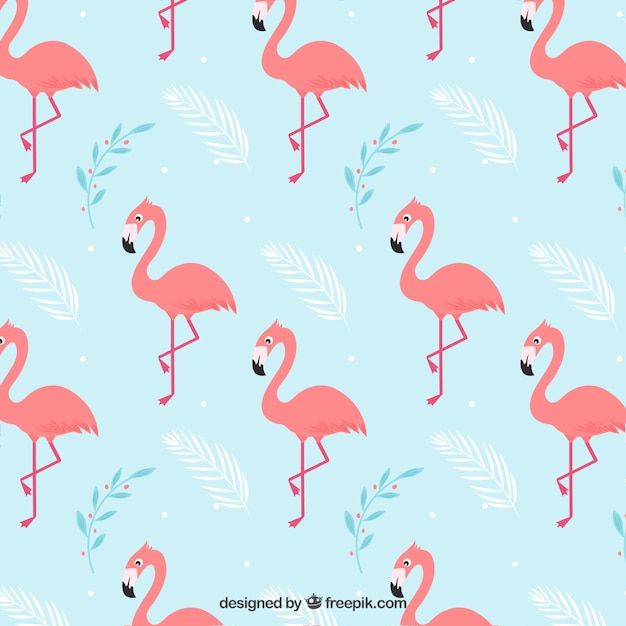 Flamingos pattern with plants in hand drawn style