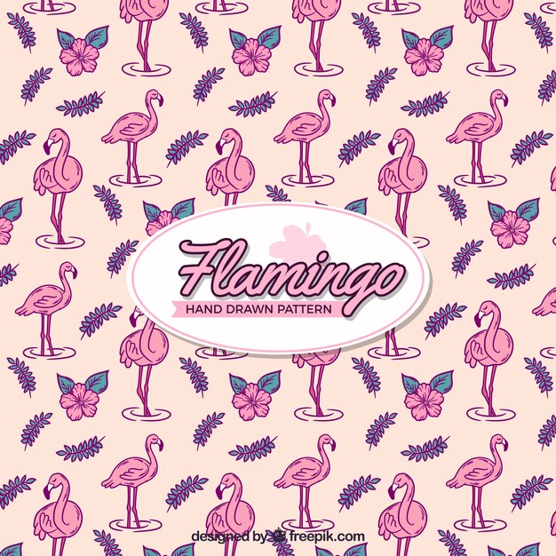 Flamingos pattern with plants in hand drawn style