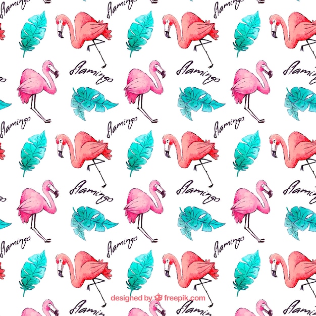 Flamingos pattern with plants in watercolor style