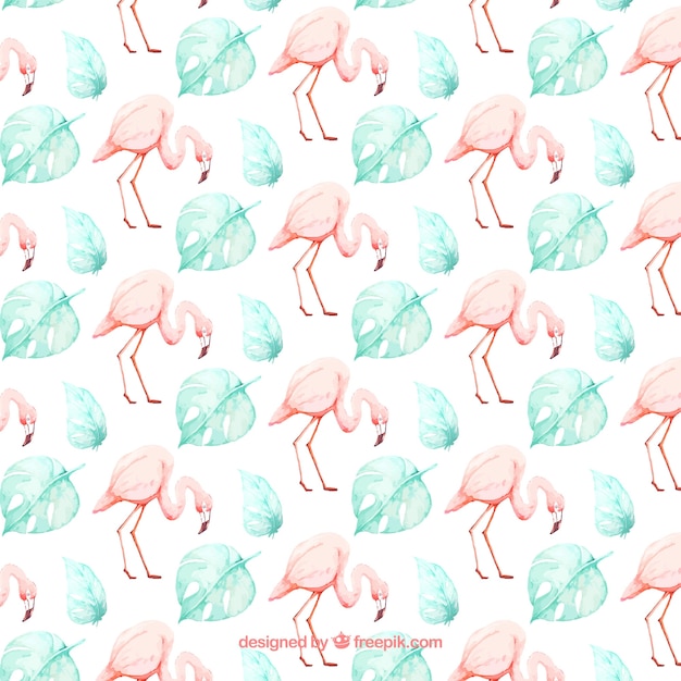 Flamingos pattern with plants in watercolor style